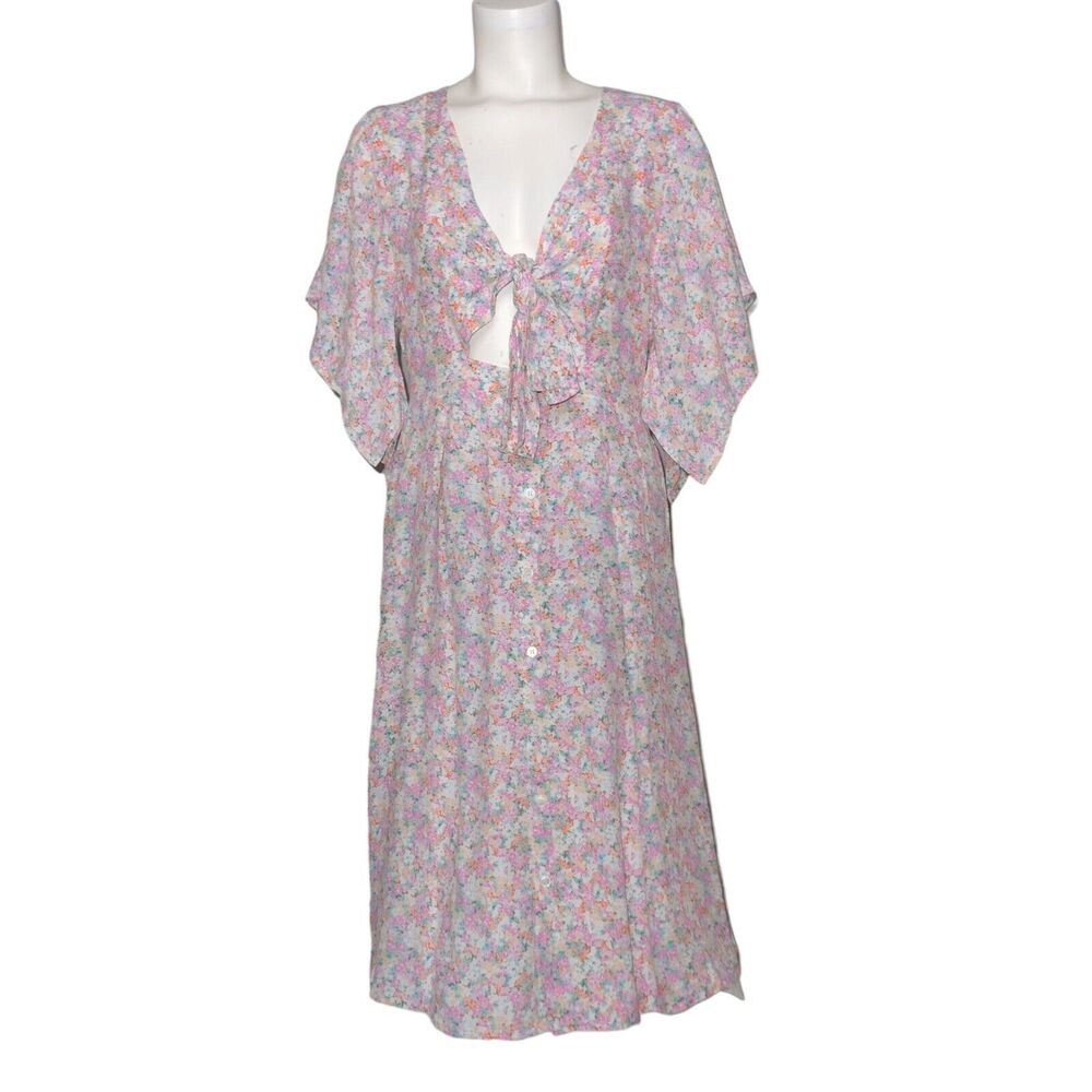 Faithfull the Brand Midi Dress Sz 6 M Massimo Pink Vionette Floral Bow Tie Chest